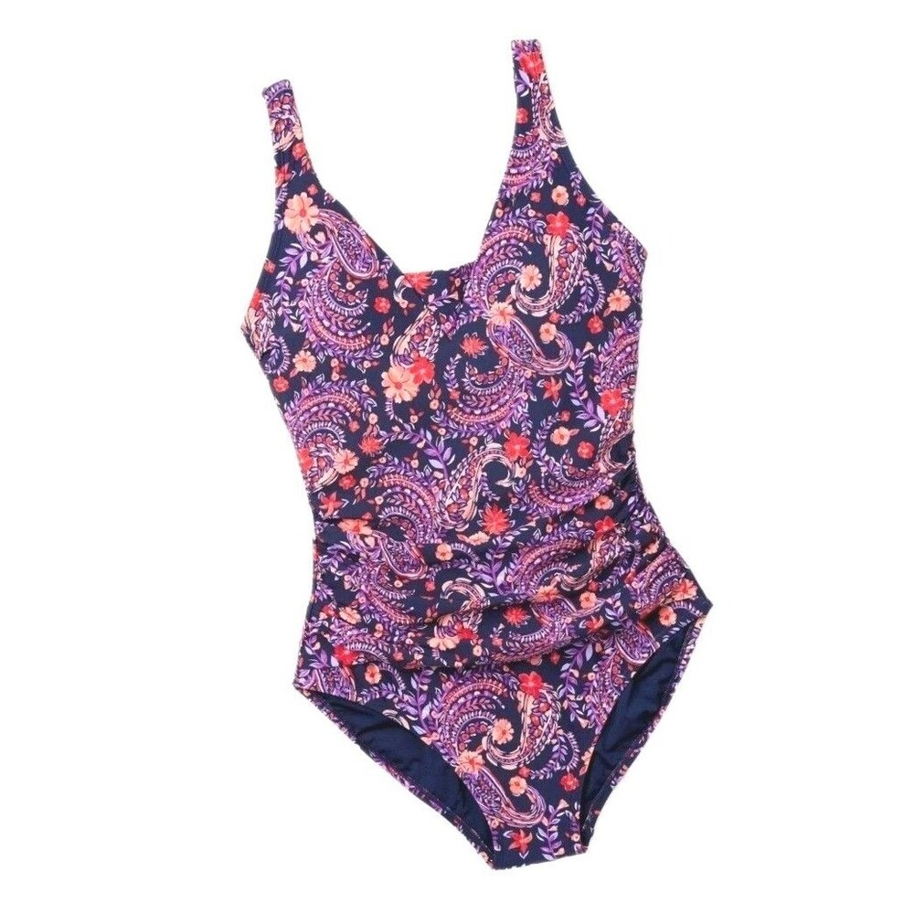 Lands End Slimming Grecian Swimsuit One-piece Purple Paisley Size S